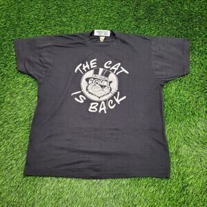 Vintage 90s Funny Cat Shirt L/XL 21x24 Black Russell Tuxedos The-Cat-is-Back